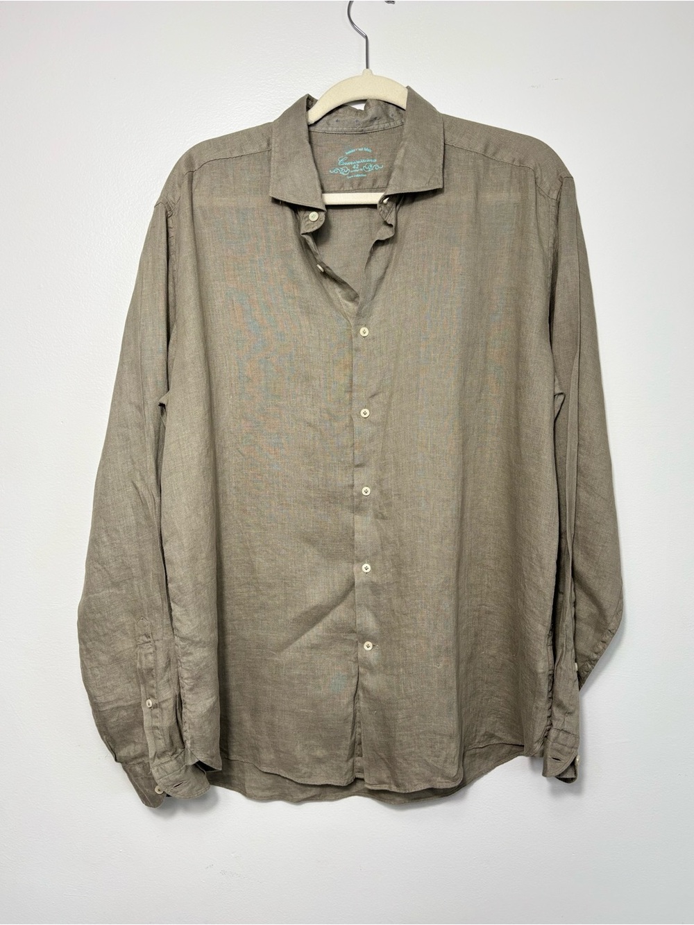 100% LINEN Men's Long-Sleeve Button-Up Shirt in Taupe Imported from Italy